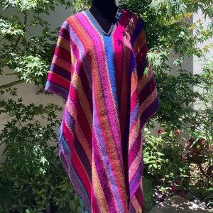 100% Wool Unisex Zapotec Mexican Poncho, One Size